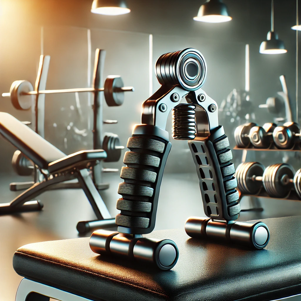 Ergonomic wrist and forearm strengthener with padded handles and adjustable resistance settings, placed on a polished gym bench in a bright and modern fitness setting with blurred dumbbells and kettlebells in the background.