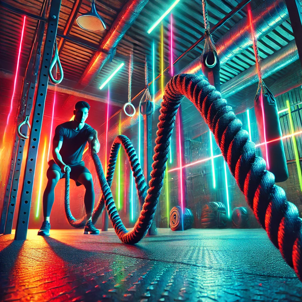 Dynamic battle ropes in action with colorful neon lighting in a vibrant gym setting, anchored securely and creating energetic wave patterns, surrounded by polished gym equipment for an engaging workout atmosphere.