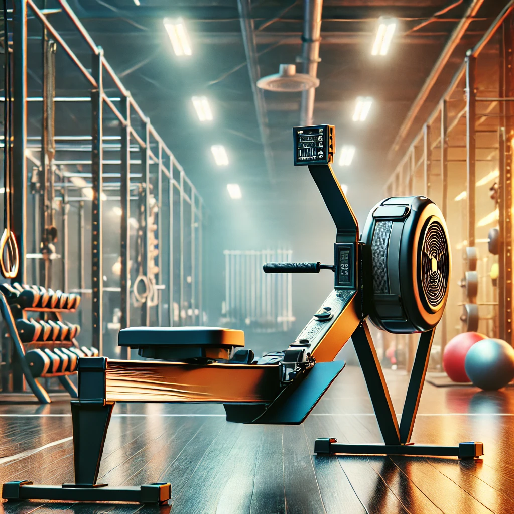 Sleek and modern rowing machine with a digital monitor displaying workout metrics, adjustable footrests, and smooth resistance mechanism, set in a polished gym environment with glowing lighting and blurred fitness equipment in the background.