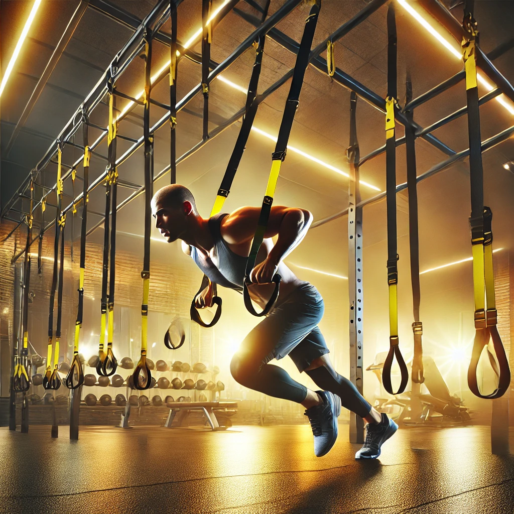 TRX Suspension Training System with durable yellow and black straps anchored securely in a vibrant professional gym, featuring a fitness enthusiast performing TRX rows on polished gym flooring with glowing lighting and blurred gym equipment in the background.