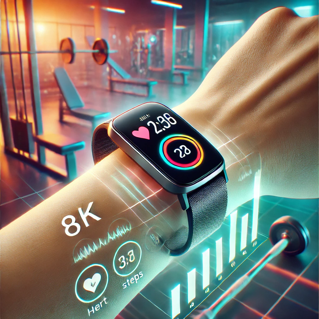 Modern fitness tracker with a sleek digital display showing heart rate, steps, and calories burned, worn on a wrist in a bright gym setting with glowing lighting and polished gym equipment in the background.