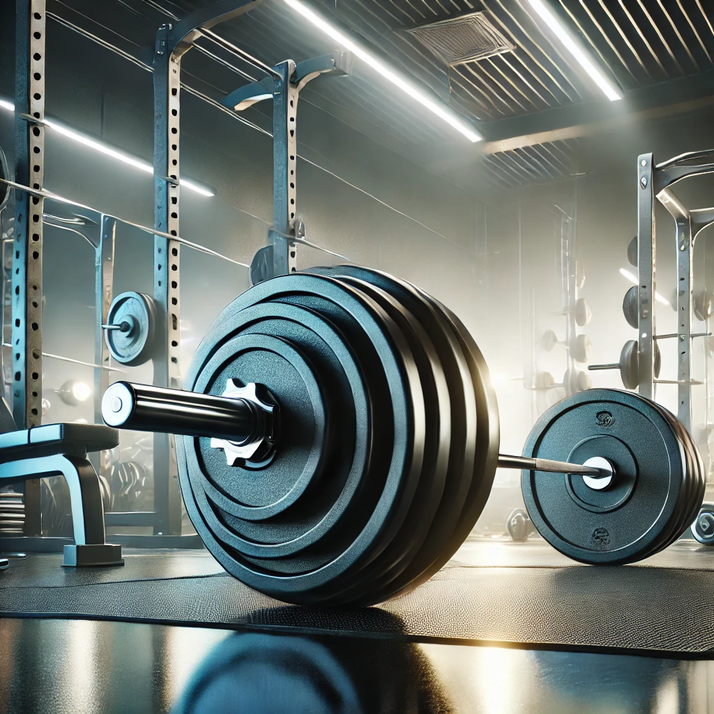 Modern barbell set with sleek, rubber-coated weight plates positioned on a polished gym floor, surrounded by blurred gym equipment like squat racks and dumbbells, with glowing lighting in a professional gym setting.