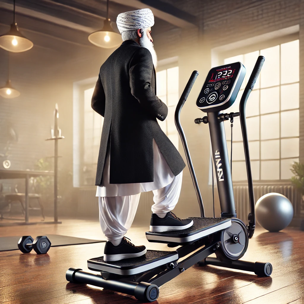 Pathan man wearing a black coat, white cotton suit, and traditional white Pakol cap using a sleek mini stepper machine with non-slip pedals, resistance bands, and a digital display, in a bright and polished home gym setting.