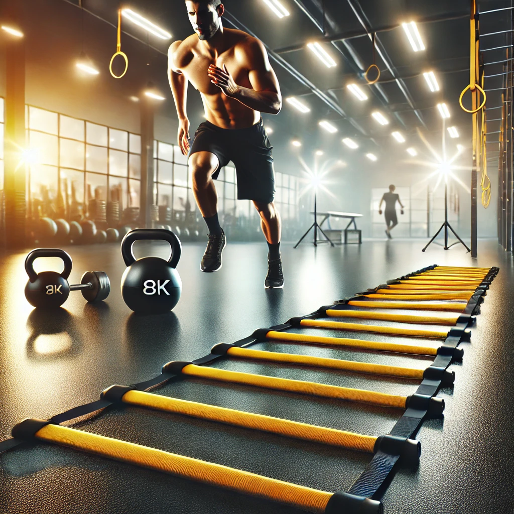 Man performing a quick agility drill on a vibrant yellow and black agility ladder placed on a polished gym floor, with a motivational gym background and glowing lighting.