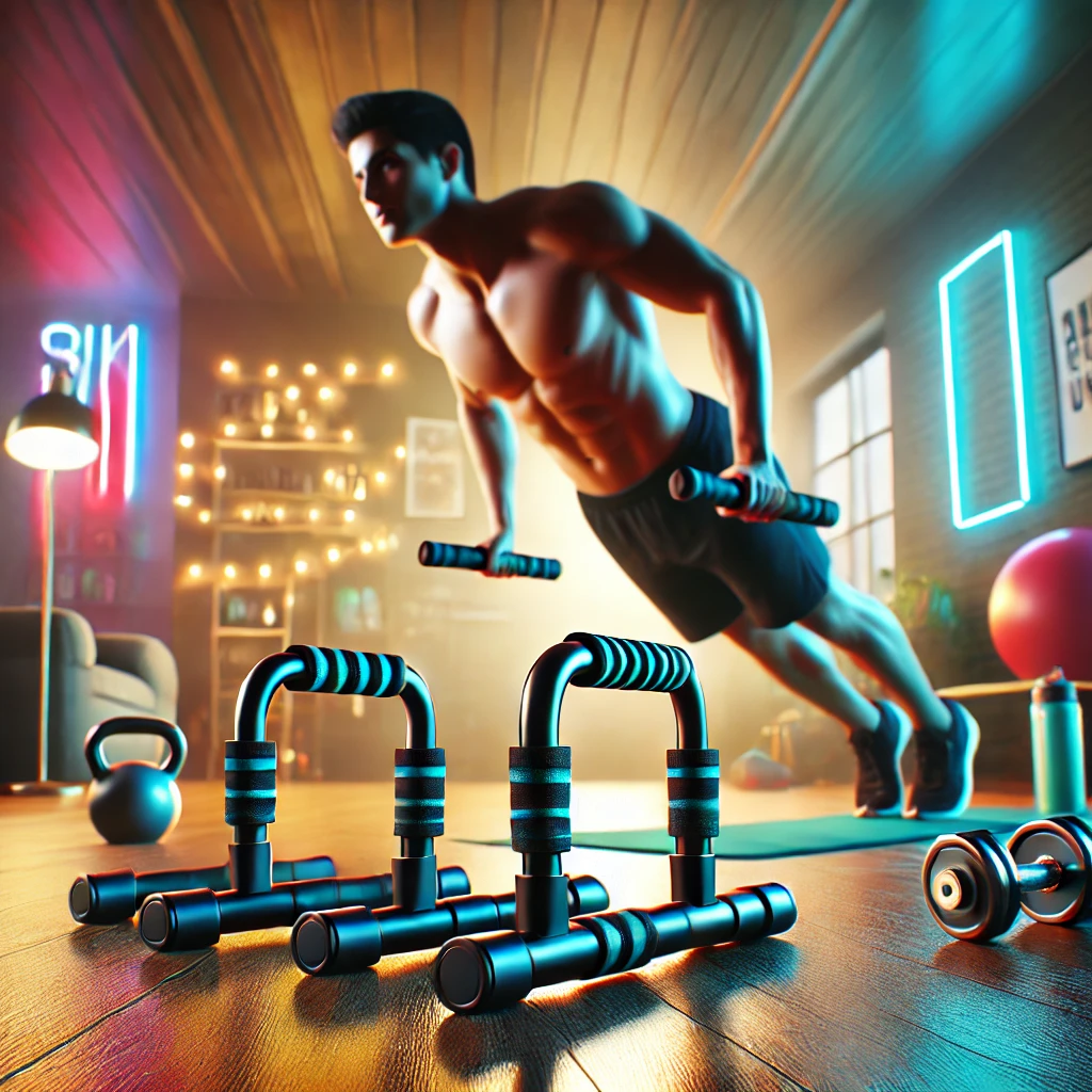 Sleek push-up bars with ergonomic padded handles and non-slip base, positioned on a polished wooden floor in a vibrant gym setting, surrounded by glowing lighting and blurred gym accessories like dumbbells and a yoga mat.