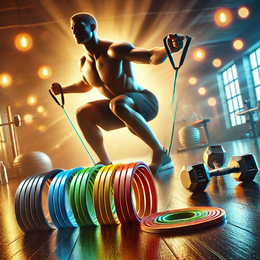 Man performing a squat with a colorful resistance loop band on a polished gym floor, surrounded by glowing lighting and blurred gym accessories like dumbbells, a yoga mat, and a water bottle.
