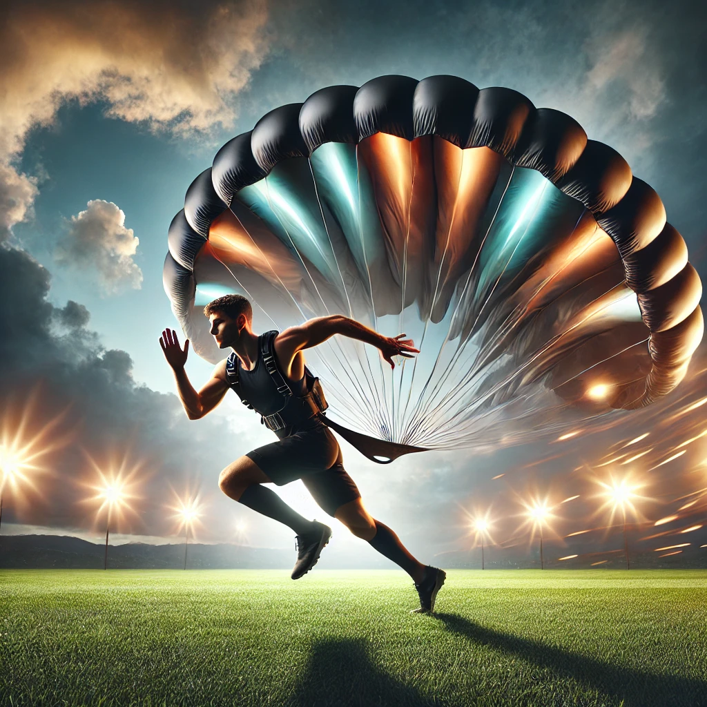 Man sprinting on a vibrant green field with a sleek black speed parachute fully inflated behind him, showcasing resistance training for speed and power in a motivational outdoor setting.