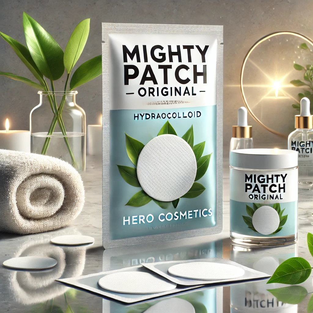 Hero Cosmetics Mighty Patch Original hydrocolloid patches displayed on a polished surface, surrounded by a glowing spa-like background with skincare elements such as a face towel, plant leaves, and a jar of moisturizer.