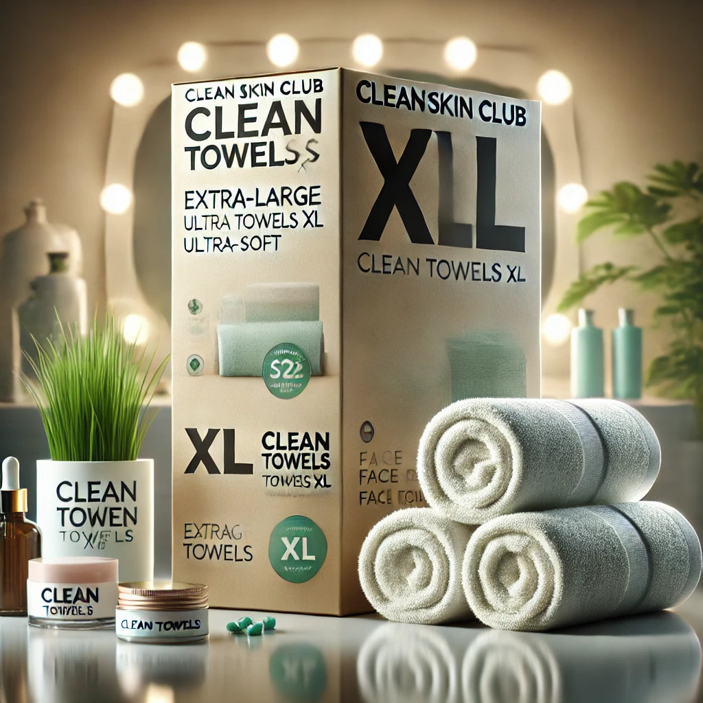 Clean Skin Club Clean Towels XL box packaging with ultra-soft, extra-large biodegradable towels neatly displayed on a polished surface, surrounded by spa elements like a green plant, moisturizer, and rolled face towel in a glowing modern setting.