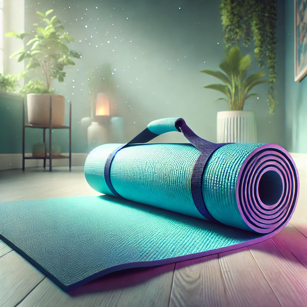 Vibrant turquoise yoga mat with a non-slip textured surface, neatly rolled up with an attached carrying strap, set against a clean and minimalistic background with soft natural lighting