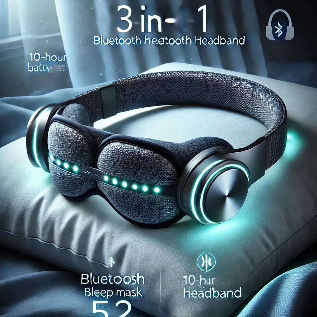A sleek and modern Sleep Headphones Bluetooth Headband displayed on a pillow in a cozy nighttime setting. The image highlights its 3-in-1 features: Bluetooth headphones, sleep mask, and sports headband, with glowing accents around the speakers. The soft blue and white lighting creates a calming atmosphere, emphasizing its comfort and innovative design.