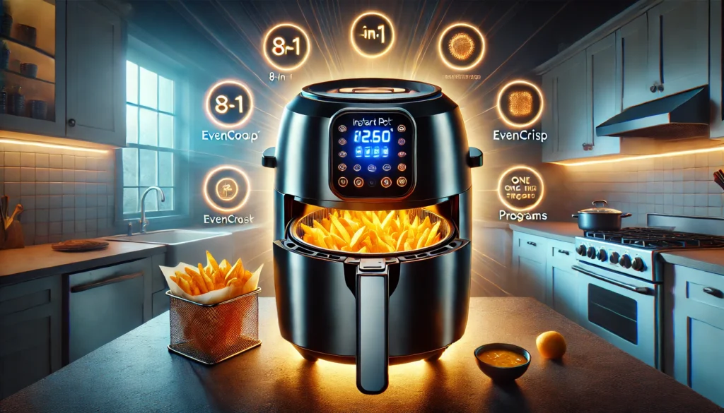 A sleek black Instant Pot Vortex Plus XL 8QT Air Fryer with glowing ClearCook windows, showcasing crispy golden fries inside. The dual baskets and 8-in-1 functionality are highlighted in a bright, modern kitchen setting.