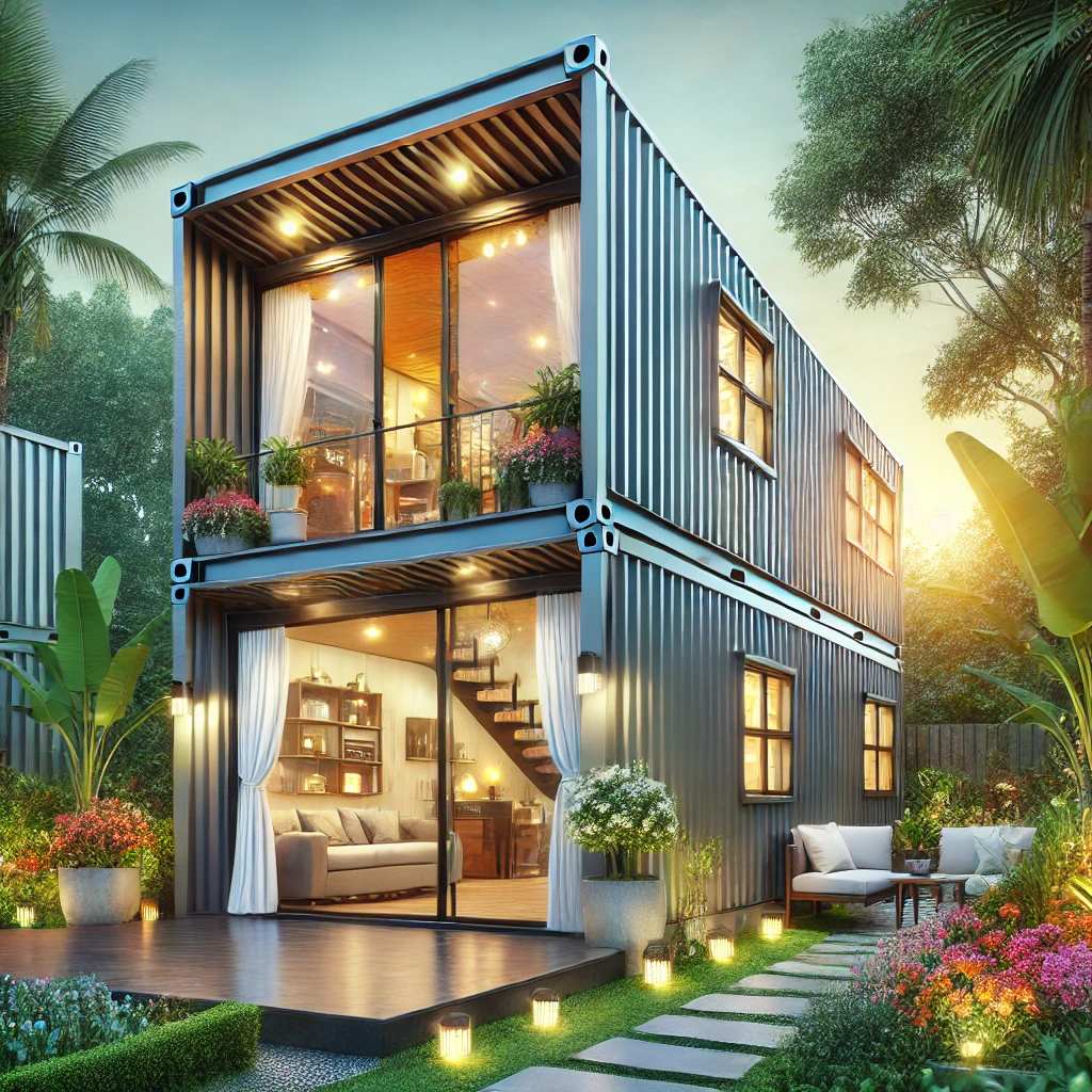 A stunning double-story luxury tiny home container house surrounded by a lush green garden with tall trees, vibrant flowers, and a stone pathway leading to the entrance. The modern house features sleek galvanized steel walls, large double-glazed tempered glass windows, and warm glowing interior lights, offering an eco-friendly and luxurious living experience.