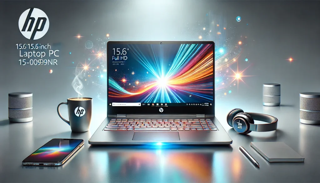 A sleek silver HP 15.6-inch Laptop PC (15-fd0099nr) displayed on a minimalist desk setup with a vibrant Full HD screen showing colorful visuals, surrounded by modern accessories like a coffee cup, headphones, and a smartphone, with a glowing effect and a clean gradient background.