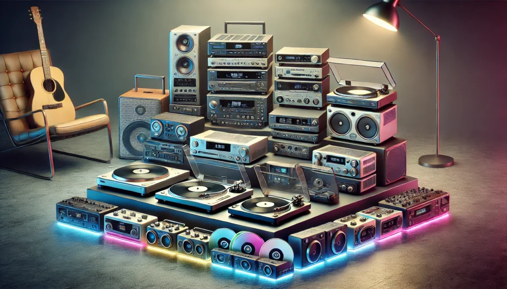 A collection of media player electronics including a Blu-ray player, streaming media box, portable media player, and audio CD player displayed together.