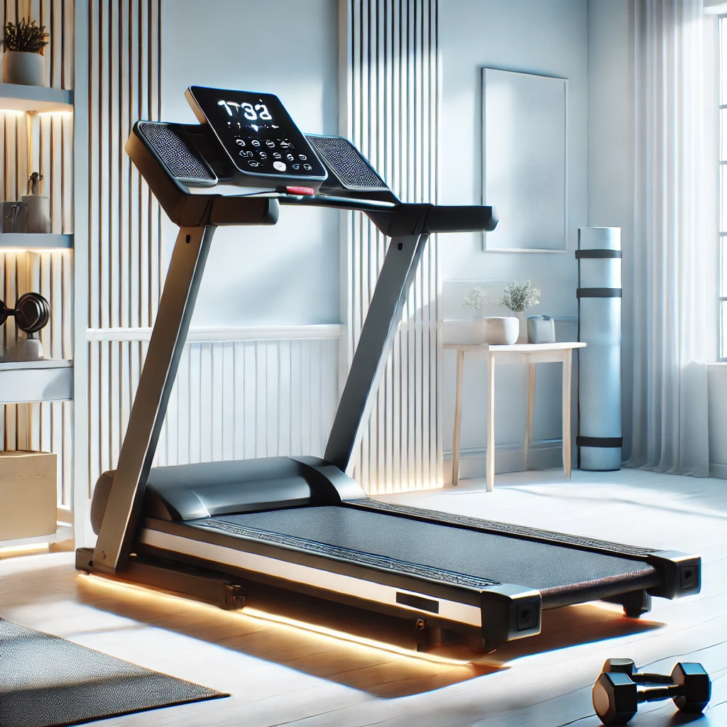 Sleek treadmill designed for home use, featuring a digital display, foldable design, and cushioned running deck, displayed in a bright, minimalistic home gym setting.