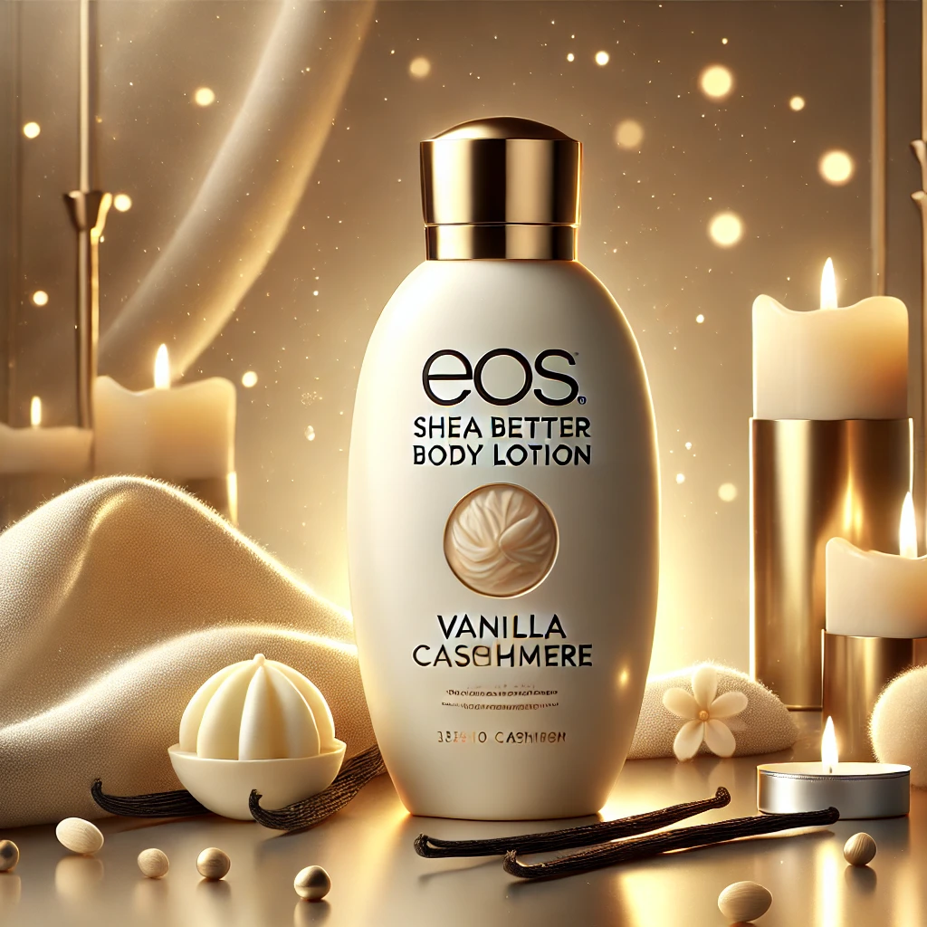 Luxurious eos Shea Better Body Lotion - Vanilla Cashmere bottle with a glowing golden background, surrounded by vanilla beans, cashmere fabric, and shea butter for a cozy and premium feel.