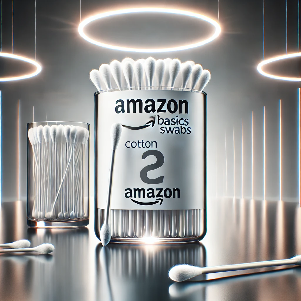 A modern and clean product showcase of Amazon Basics Cotton Swabs, featuring a sleek, minimalist background with a soft glow. The swabs are neatly arranged inside a transparent container and on a smooth surface, emphasizing purity, hygiene, and quality.