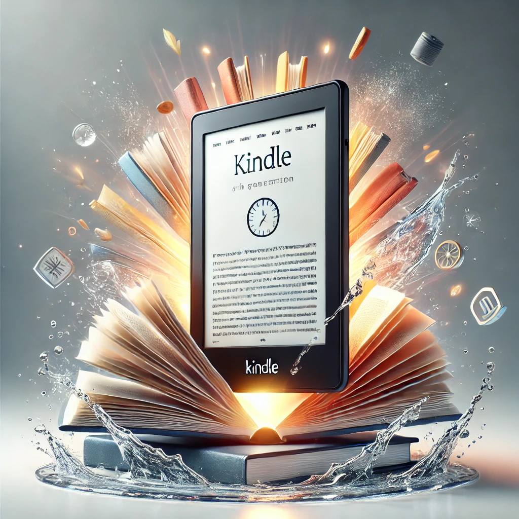 Glowing, modern Kindle Paperwhite (6th Generation) e-reader with crisp paper-like display, warm light adjustment, and waterproof feature, surrounded by books and a water splash effect on a clean white background.
