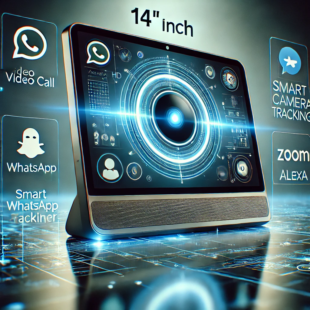 Sleek and modern Meta Portal Plus 14-inch video calling device with glowing HD display, app icons for Zoom, WhatsApp, Messenger, and Alexa, smart camera tracking graphics, and futuristic blue and white background – no people visible.